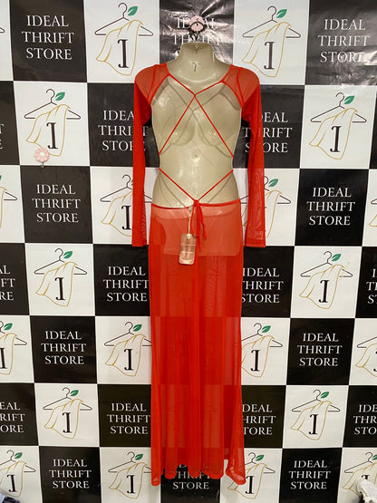 JADED LONDON |S| BUST 14| A31| ORANGE SHEER MESH LONG-SLEEVE MIDI DRESS
