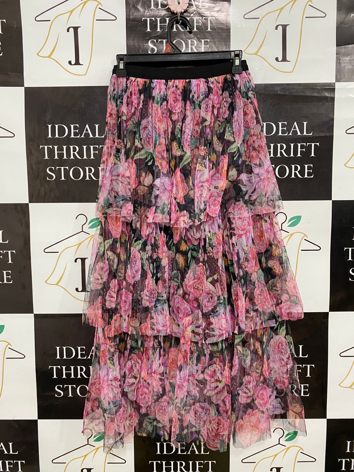 VALLEY GIRL |S| WAIST 24| A31| PINK FLORAL TIERED MESH MIDI SKIRT
