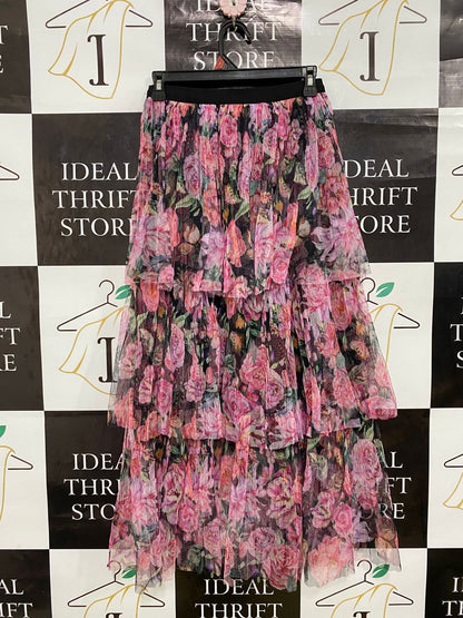 VALLEY GIRL |S| WAIST 24| A31| PINK FLORAL TIERED MESH MIDI SKIRT