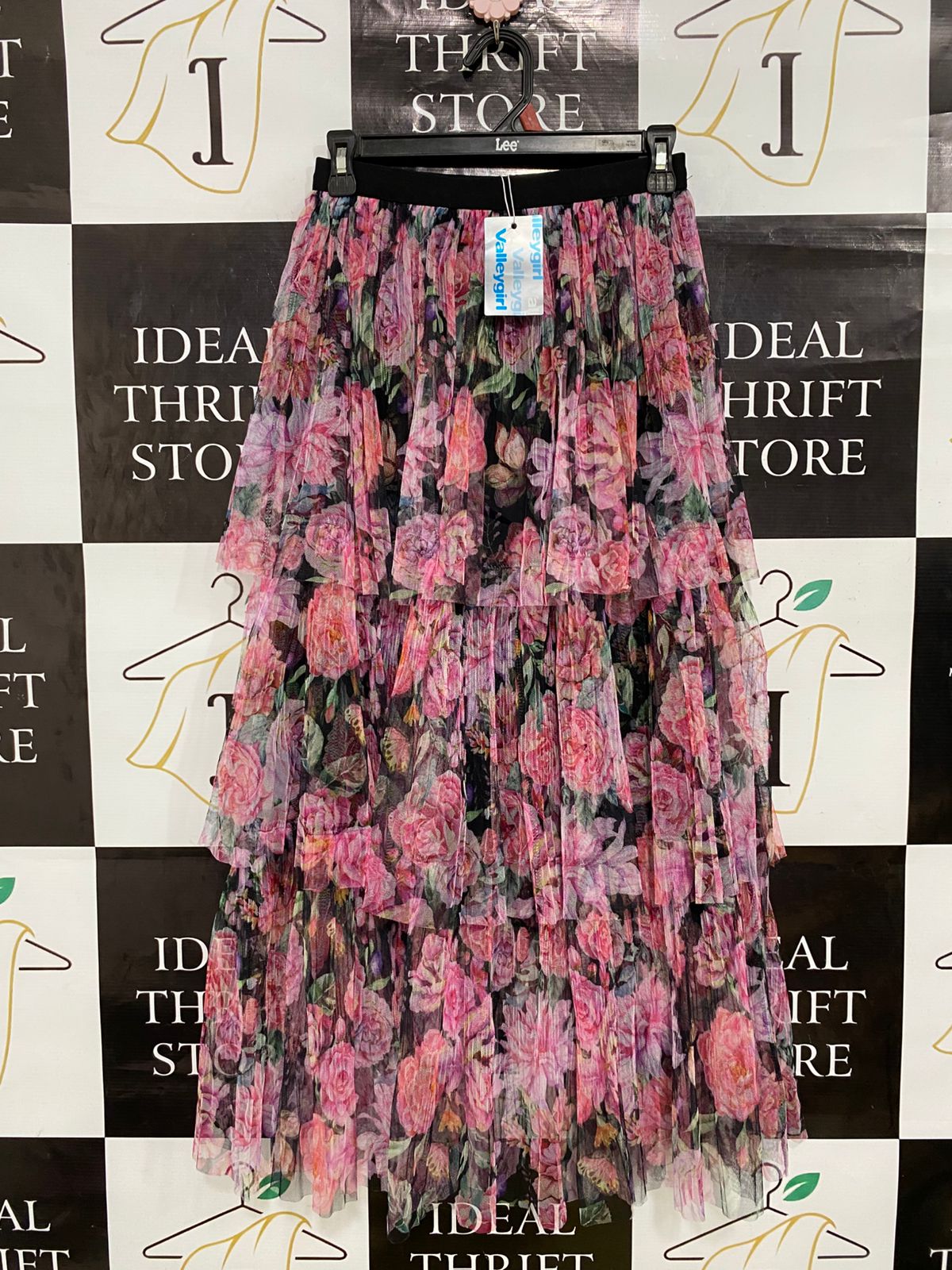 VALLEY GIRL |S| WAIST 24| A31| PINK FLORAL TIERED MESH MIDI SKIRT