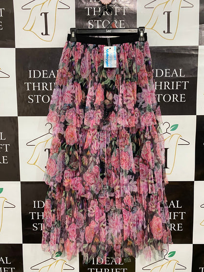 VALLEY GIRL |S| WAIST 24| A31| PINK FLORAL TIERED MESH MIDI SKIRT