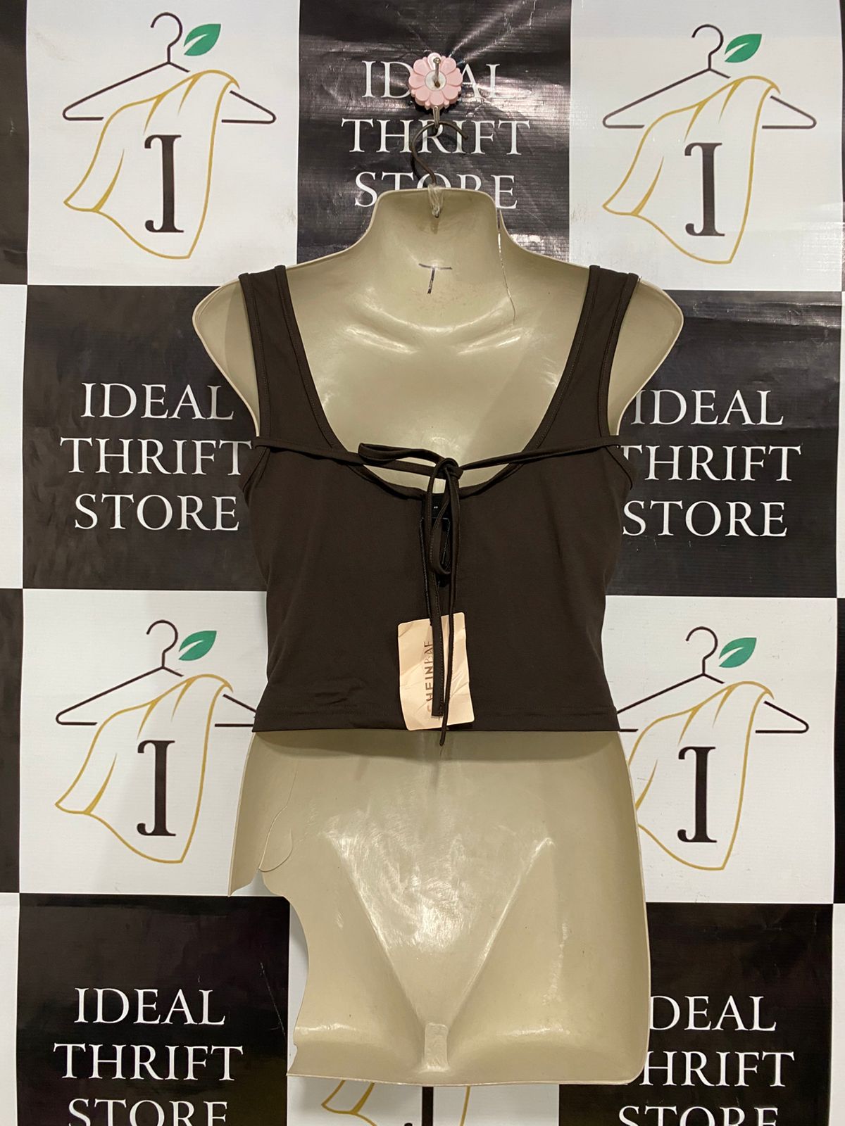 SHEIN |S| BUST 15| A31| BROWN LACE-DETAIL COWL-NECK CROP TOP