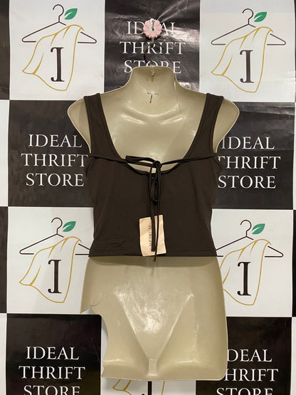 SHEIN |S| BUST 15| A31| BROWN LACE-DETAIL COWL-NECK CROP TOP