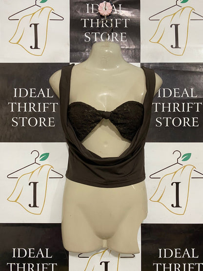 SHEIN |S| BUST 15| A31| BROWN LACE-DETAIL COWL-NECK CROP TOP