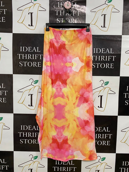 SHEIN |M| WAIST 26| A31| SUNSET TIE-DYE WATERCOLOR RUFFLED SLIT MIDI SKIRT