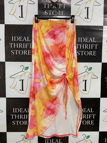 SHEIN |M| WAIST 26| A31| SUNSET TIE-DYE WATERCOLOR RUFFLED SLIT MIDI SKIRT