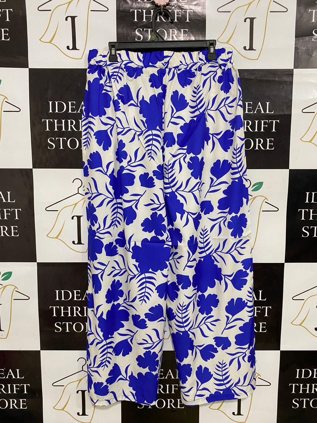|XL| WAIST 32| A31| BLUE & WHITE FLORAL BOTANICAL PRINT WIDE-LEG TROUSERS