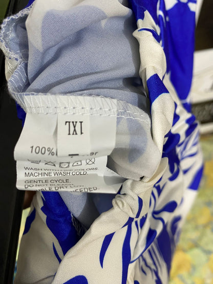 |XL| WAIST 32| A31| BLUE & WHITE FLORAL BOTANICAL PRINT WIDE-LEG TROUSERS