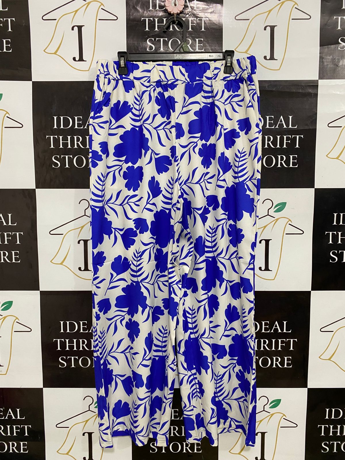 |XL| WAIST 32| A31| BLUE & WHITE FLORAL BOTANICAL PRINT WIDE-LEG TROUSERS