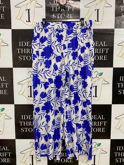 |XL| WAIST 32| A31| BLUE & WHITE FLORAL BOTANICAL PRINT WIDE-LEG TROUSERS