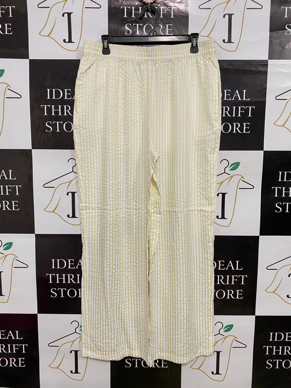 ANKO |XL| WAIST 32| A31| YELLOW & WHITE STRIPED SEERSUCKER WIDE-LEG TROUSERS