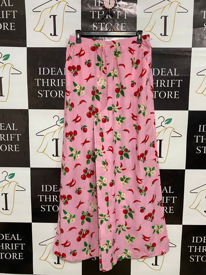 NO COMMENT |L| WAIST 28| A31| PINK CHERRY & CHILI PEPPER PRINT WIDE-LEG TROUSERS
