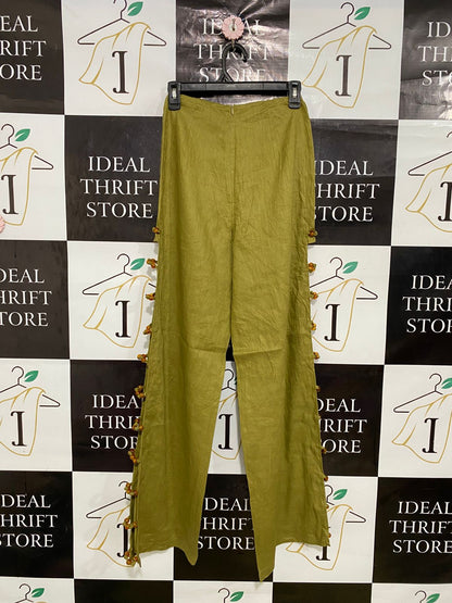 VRG GRL |XS| WAIST 24| A31| OLIVE GREEN BEADED SIDE-SLIT WIDE-LEG TROUSERS
