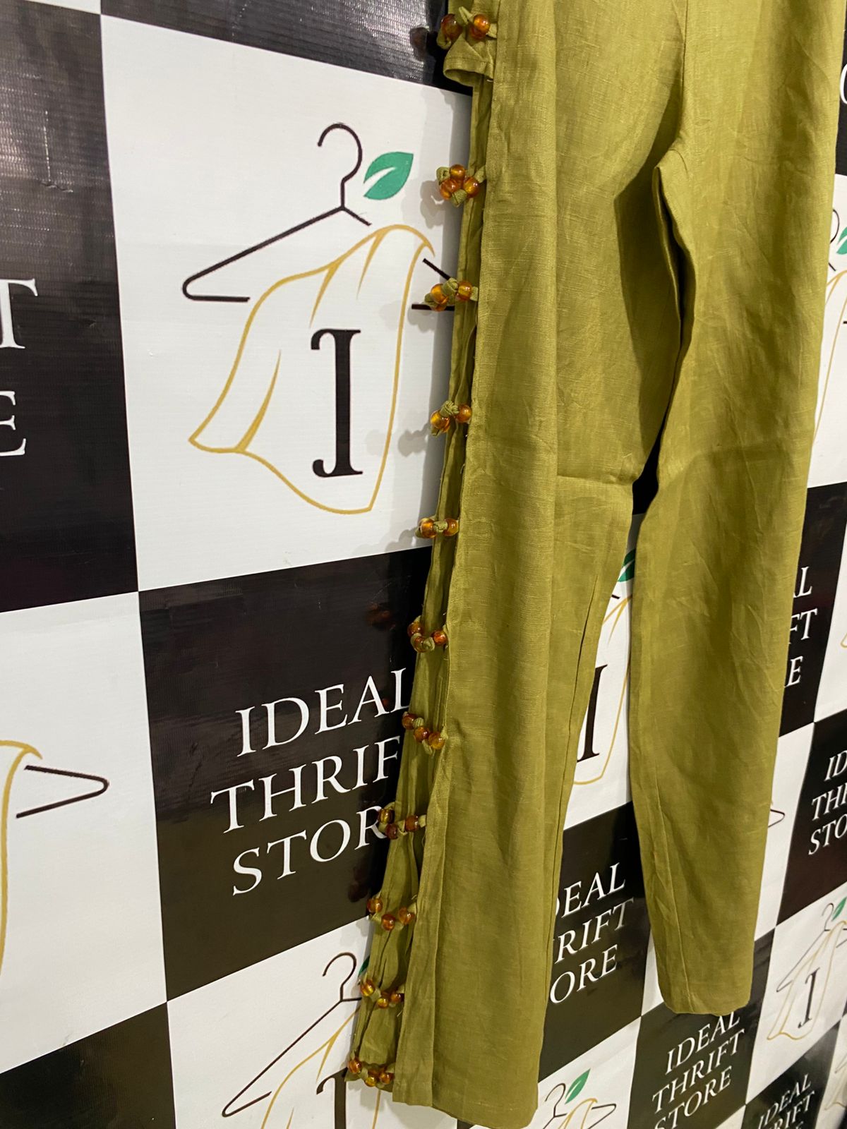 VRG GRL |XS| WAIST 24| A31| OLIVE GREEN BEADED SIDE-SLIT WIDE-LEG TROUSERS