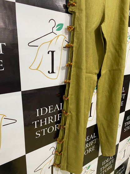 VRG GRL |XS| WAIST 24| A31| OLIVE GREEN BEADED SIDE-SLIT WIDE-LEG TROUSERS