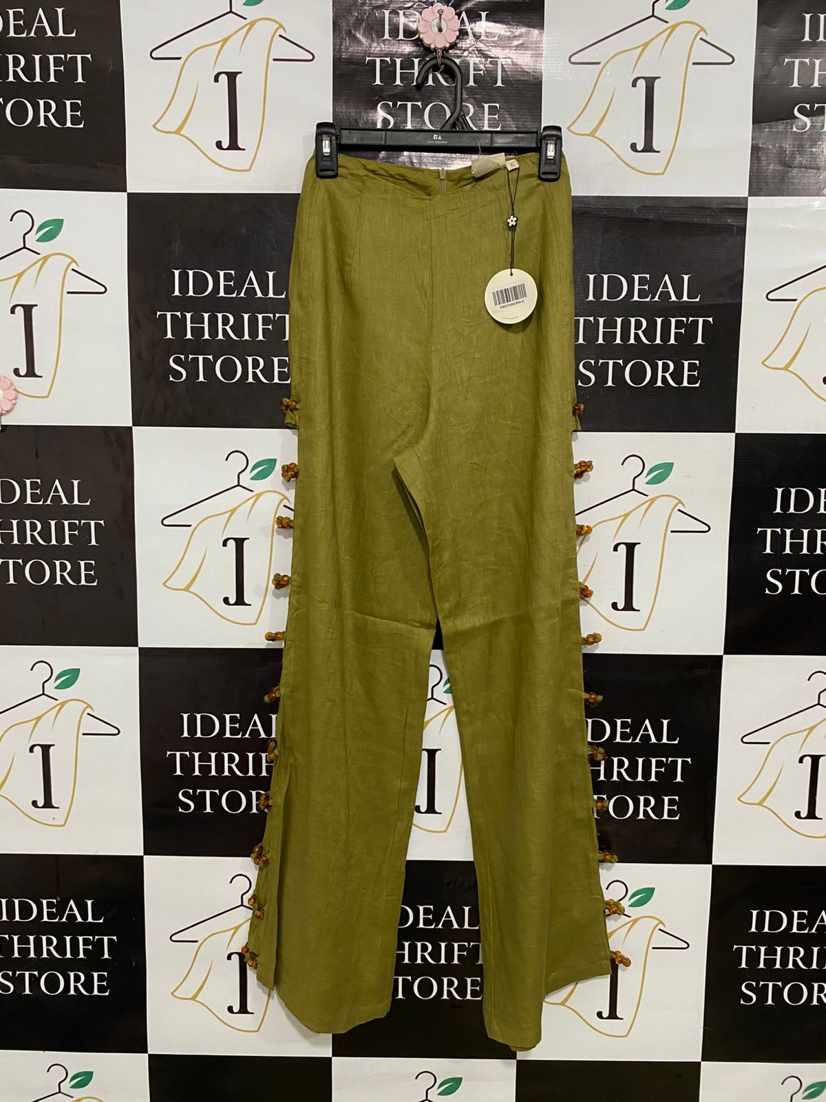 VRG GRL |XS| WAIST 24| A31| OLIVE GREEN BEADED SIDE-SLIT WIDE-LEG TROUSERS