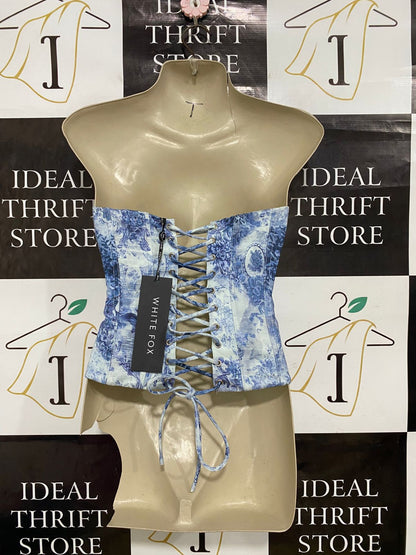 WHITE FOX |XS| BUST 14| A31| BLUE & WHITE TOILE FLORAL STRAPLESS CORSET TOP