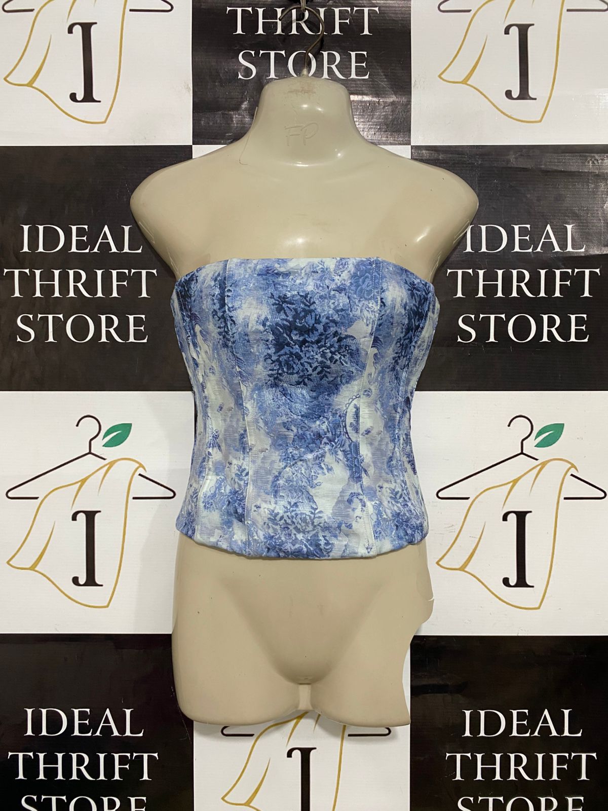 WHITE FOX |XS| BUST 14| A31| BLUE & WHITE TOILE FLORAL STRAPLESS CORSET TOP