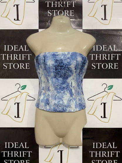 WHITE FOX |XS| BUST 14| A31| BLUE & WHITE TOILE FLORAL STRAPLESS CORSET TOP