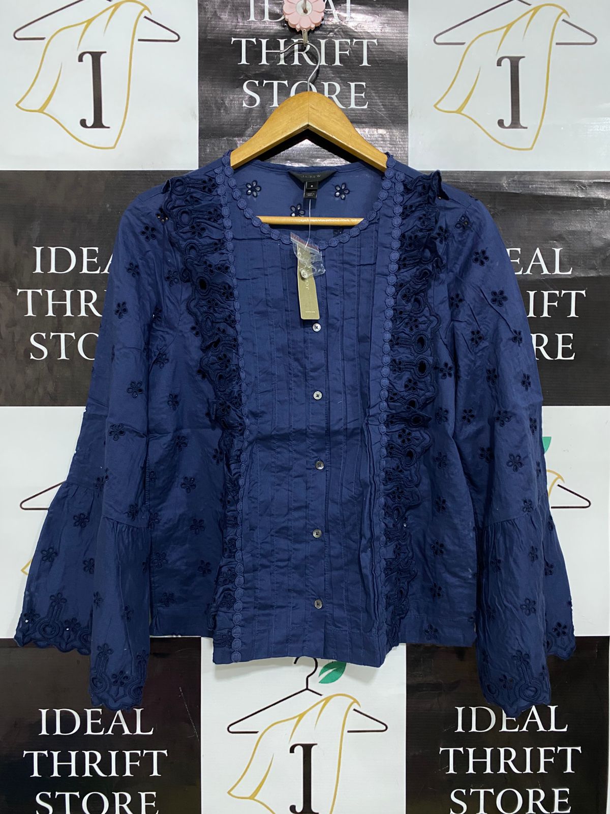 J CREW |S| BUST 20| A31| BLUE EYELET EMBROIDERY RUFFLE-TRIM BLOUSE