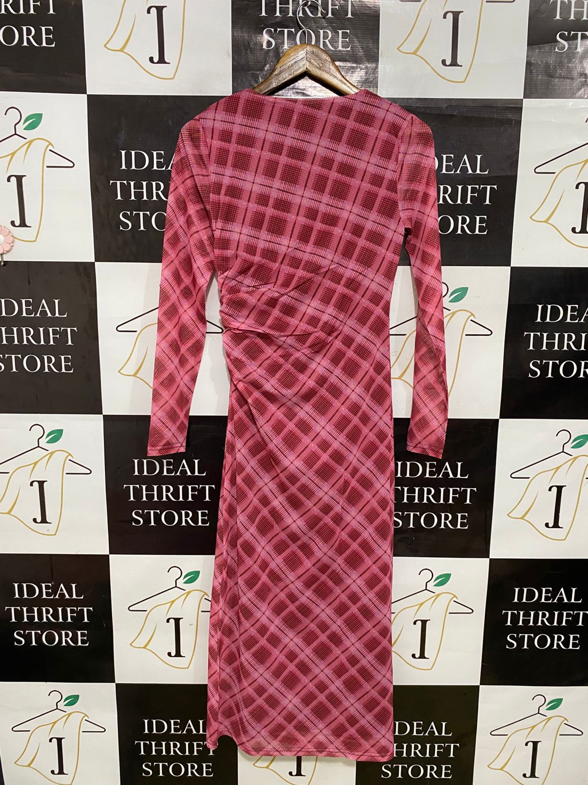 VALLEY GIRL |S| BUST 14| A31| PINK PLAID MESH LONG-SLEEVE MIDI DRESS