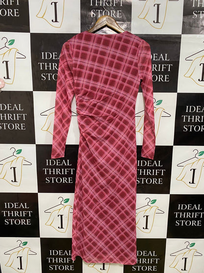 VALLEY GIRL |S| BUST 14| A31| PINK PLAID MESH LONG-SLEEVE MIDI DRESS