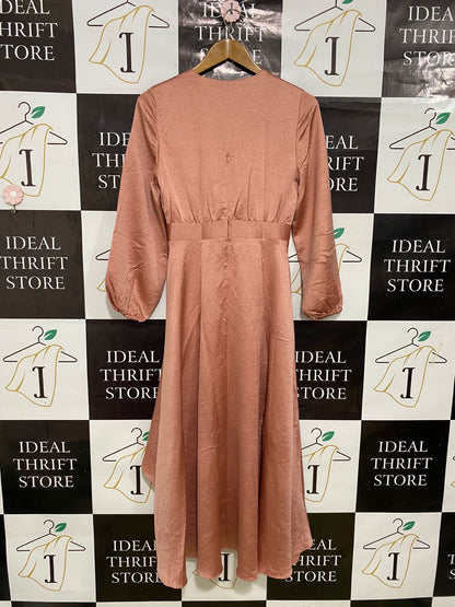 PASDUCHAS |S| BUST 16| A31| ROSE GOLD SATIN TIE-FRONT HIGH-LOW MIDI DRESS