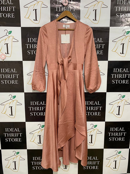 PASDUCHAS |S| BUST 16| A31| ROSE GOLD SATIN TIE-FRONT HIGH-LOW MIDI DRESS