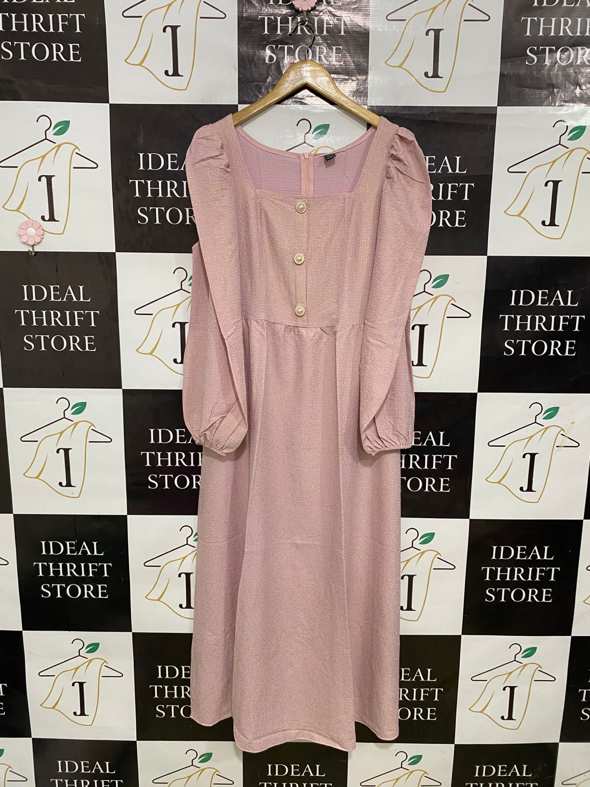SHEIN |M| BUST 18| A31| DUSTY PINK SQUARE NECK BUTTON-FRONT LONG-SLEEVE MIDI DRESS
