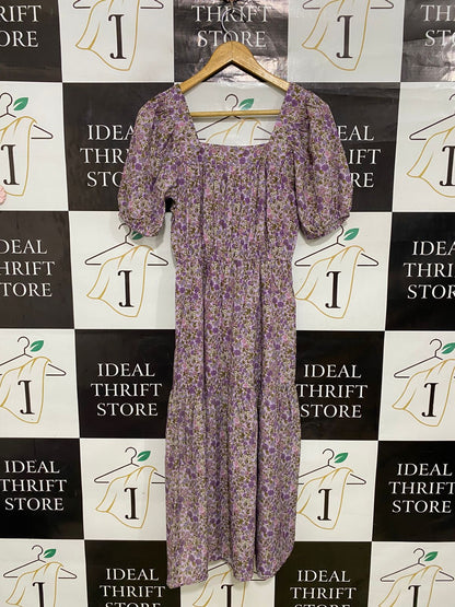 INFLUENCE |S| BUST 15| A31| PURPLE FLORAL SQUARE NECK PUFF SLEEVE TIERED MIDI DRESS