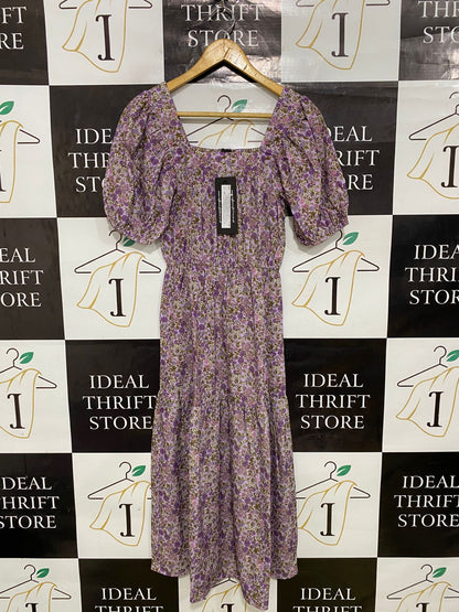 INFLUENCE |S| BUST 15| A31| PURPLE FLORAL SQUARE NECK PUFF SLEEVE TIERED MIDI DRESS