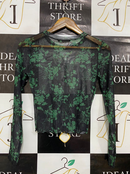 VERTICHE |S| BUST 15| A31| BLACK & GREEN FLORAL MESH LONG-SLEEVE TOP