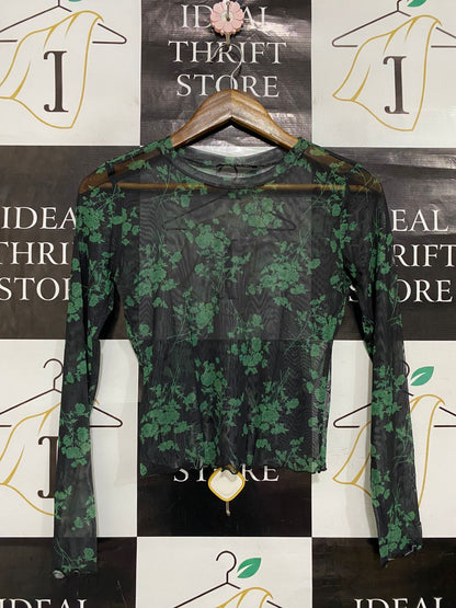 VERTICHE |S| BUST 15| A31| BLACK & GREEN FLORAL MESH LONG-SLEEVE TOP