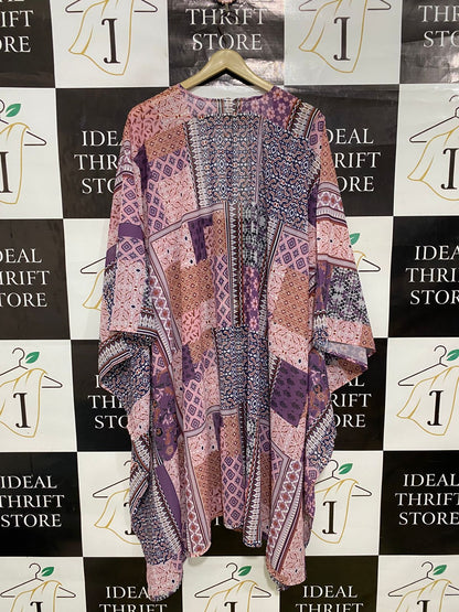 |XL| BUST FREE| A31| MAUVE & PURPLE PATCHWORK PRINT OPEN-FRONT KIMONO CARDIGAN