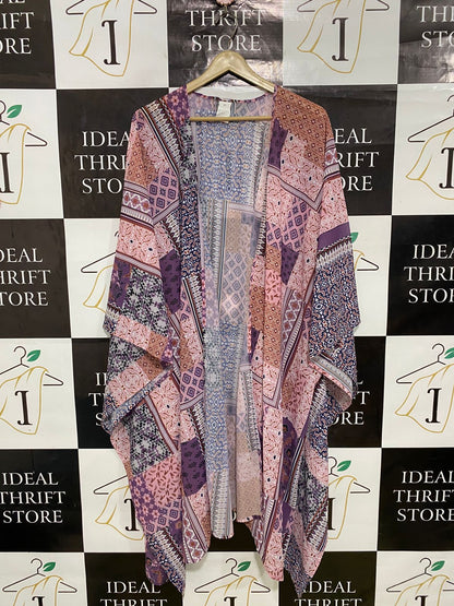 |XL| BUST FREE| A31| MAUVE & PURPLE PATCHWORK PRINT OPEN-FRONT KIMONO CARDIGAN