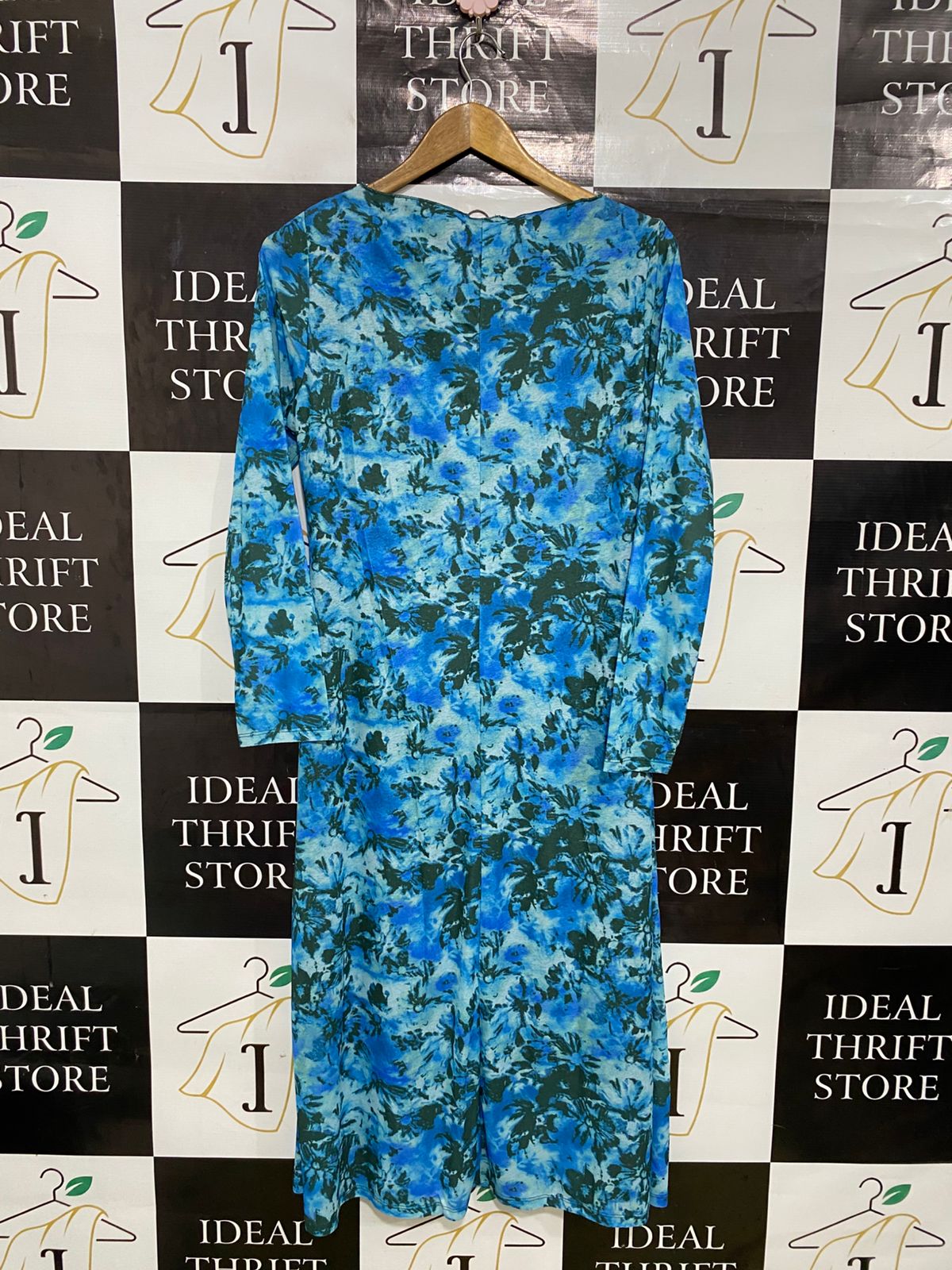 M&S |M| BUST 18| A31| BLUE & GREEN FLORAL LONG-SLEEVE MIDI DRESS