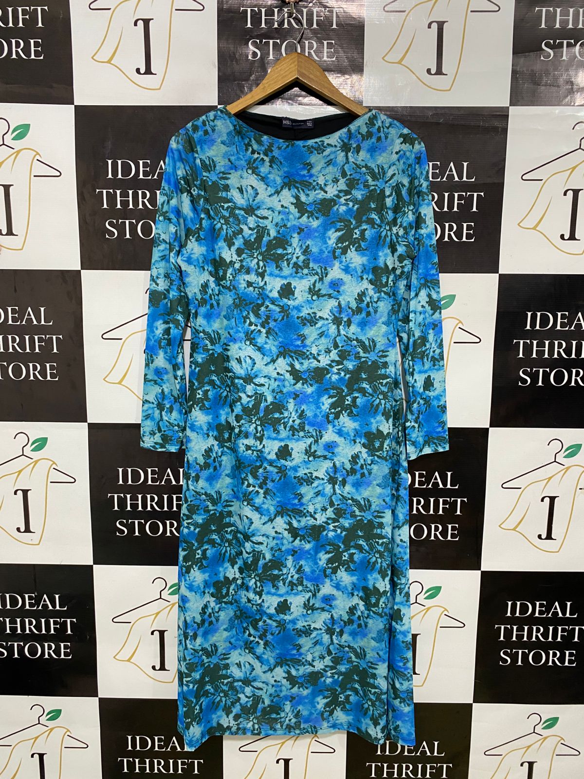 M&S |M| BUST 18| A31| BLUE & GREEN FLORAL LONG-SLEEVE MIDI DRESS