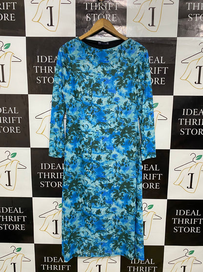 M&S |M| BUST 18| A31| BLUE & GREEN FLORAL LONG-SLEEVE MIDI DRESS
