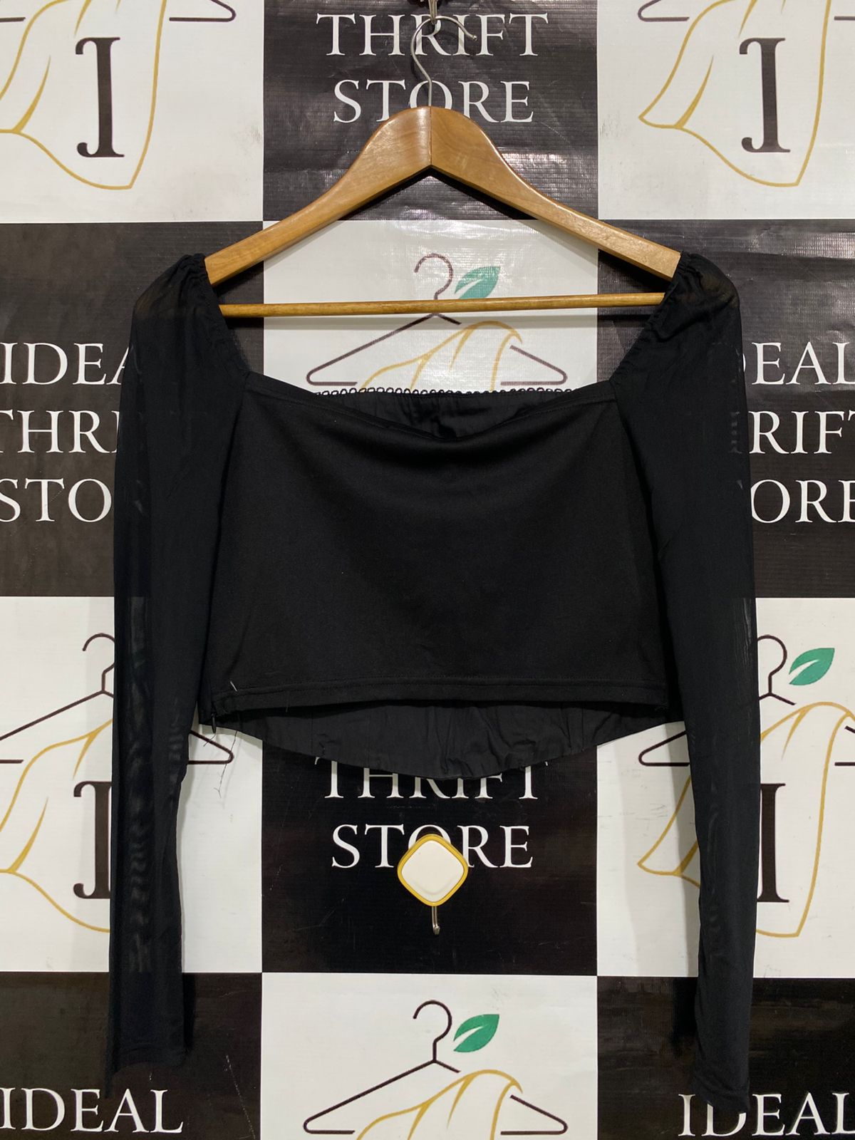 ALLY |S| BUST 15| A31| BLACK SQUARE NECK CORSET-STYLE MESH LONG-SLEEVE CROP TOP
