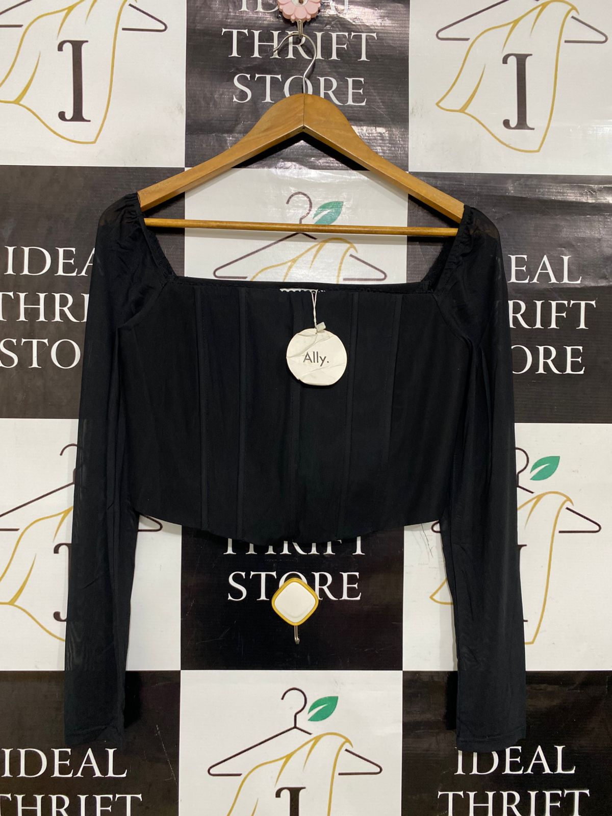 ALLY |S| BUST 15| A31| BLACK SQUARE NECK CORSET-STYLE MESH LONG-SLEEVE CROP TOP