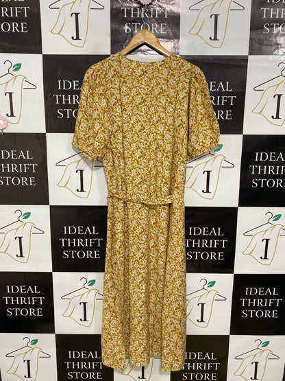 PRIMARK CARES |L| BUST 21| A31| MUSTARD YELLOW FLORAL V-NECK SHORT-SLEEVE MIDI DRESS