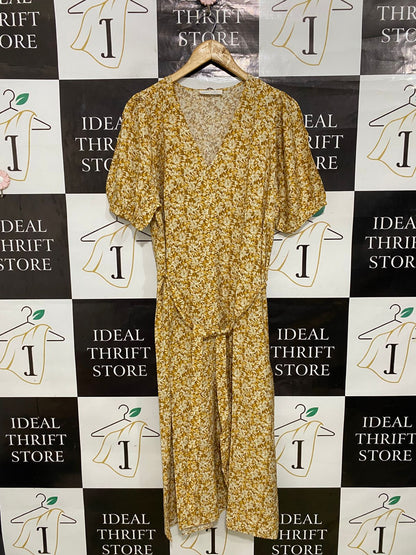 PRIMARK CARES |L| BUST 21| A31| MUSTARD YELLOW FLORAL V-NECK SHORT-SLEEVE MIDI DRESS