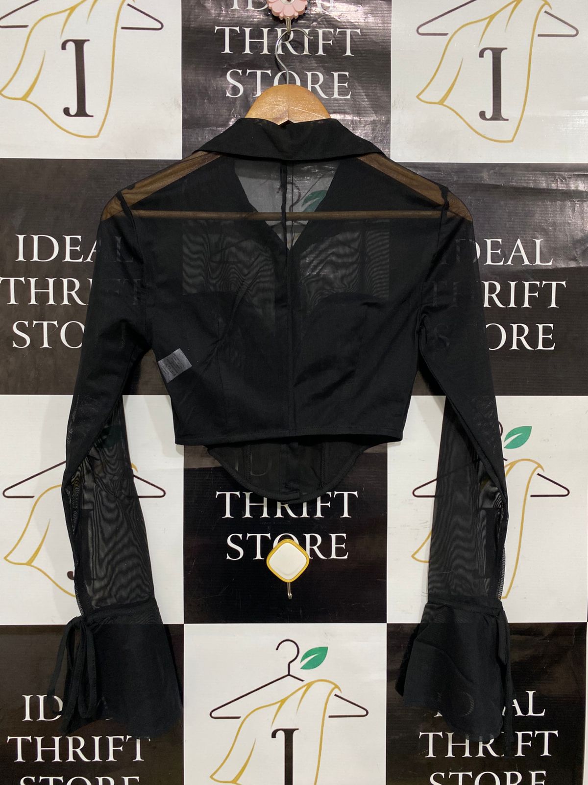FASHION NOVA |S| BUST 14| A31| BLACK MESH BUTTON-UP CORSET-STYLE LONG-SLEEVE CROP TOP
