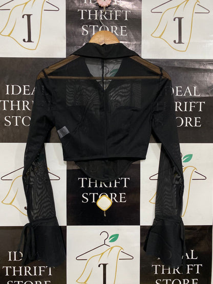 FASHION NOVA |S| BUST 14| A31| BLACK MESH BUTTON-UP CORSET-STYLE LONG-SLEEVE CROP TOP