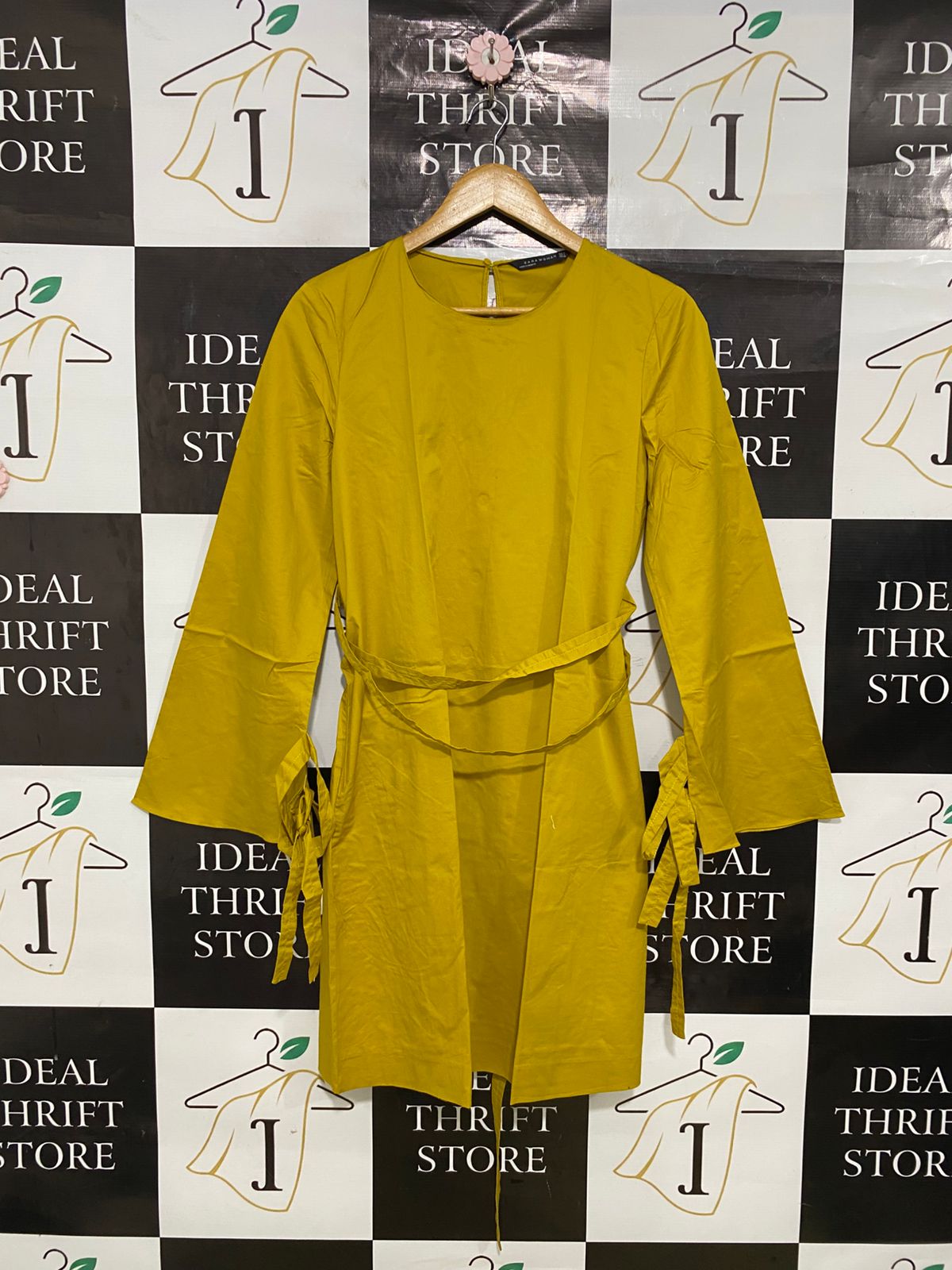 ZARA WOMAN |M| BUST 18| A31| MUSTARD YELLOW CREW NECK TIE-SLEEVE TUNIC DRESS