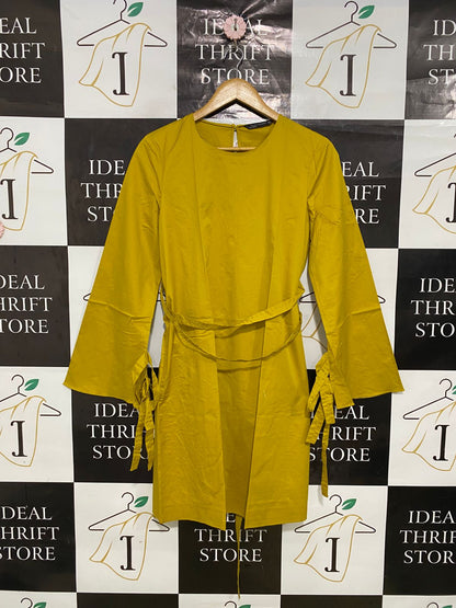 ZARA WOMAN |M| BUST 18| A31| MUSTARD YELLOW CREW NECK TIE-SLEEVE TUNIC DRESS