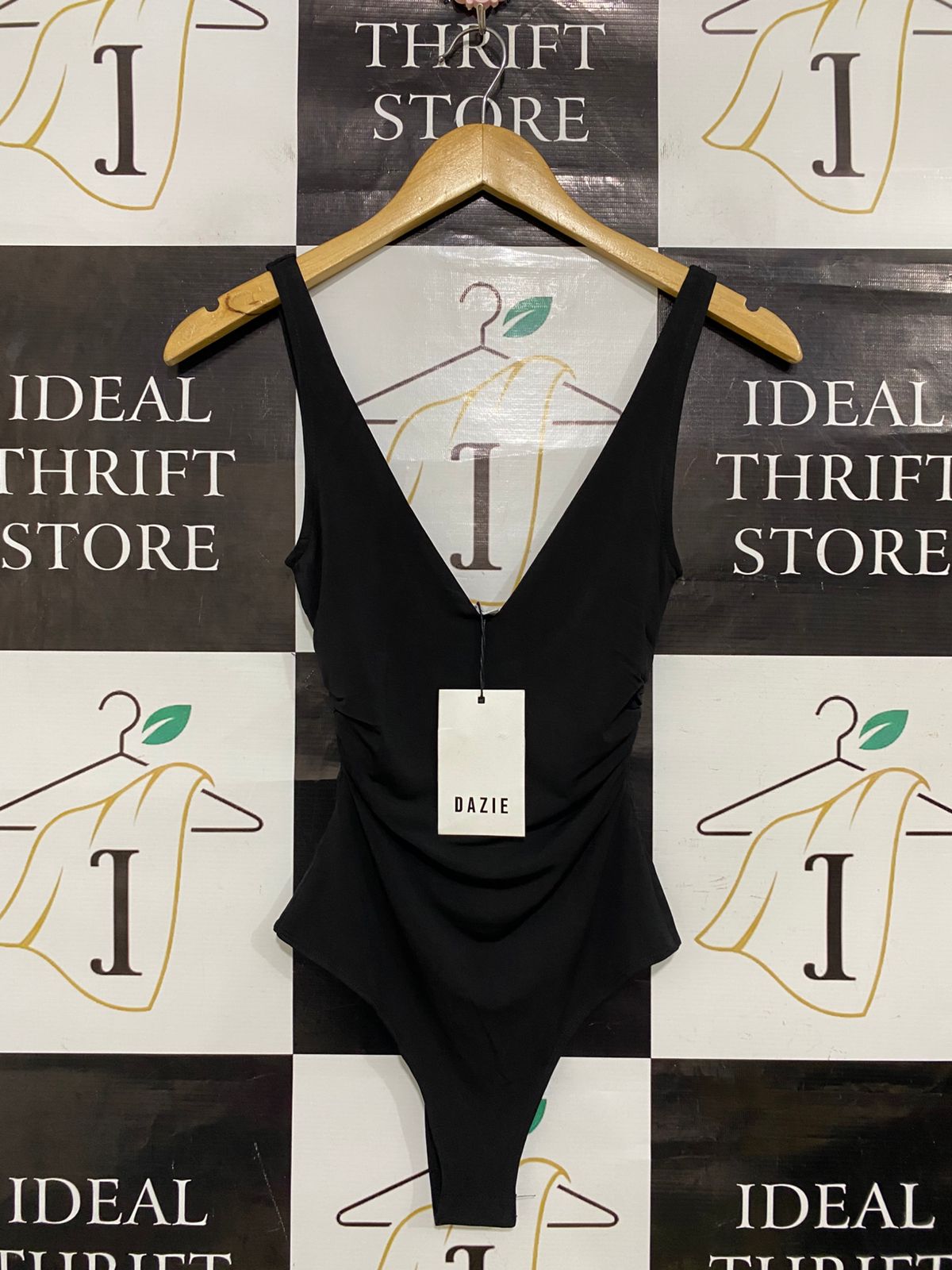 DAZIE |S| BUST 12| A31| BLACK PLUNGING V-NECK RUCHED BODYSUIT
