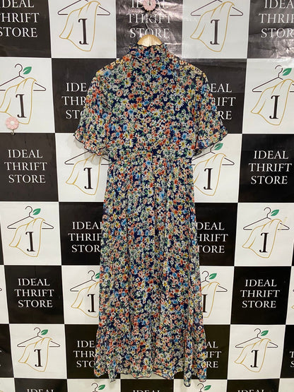 SHEIN |M| BUST 16| A31| NAVY MULTICOLOR FLORAL HIGH-NECK CAPE-SLEEVE MIDI DRESS