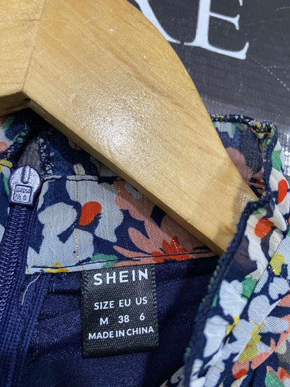 SHEIN |M| BUST 16| A31| NAVY MULTICOLOR FLORAL HIGH-NECK CAPE-SLEEVE MIDI DRESS
