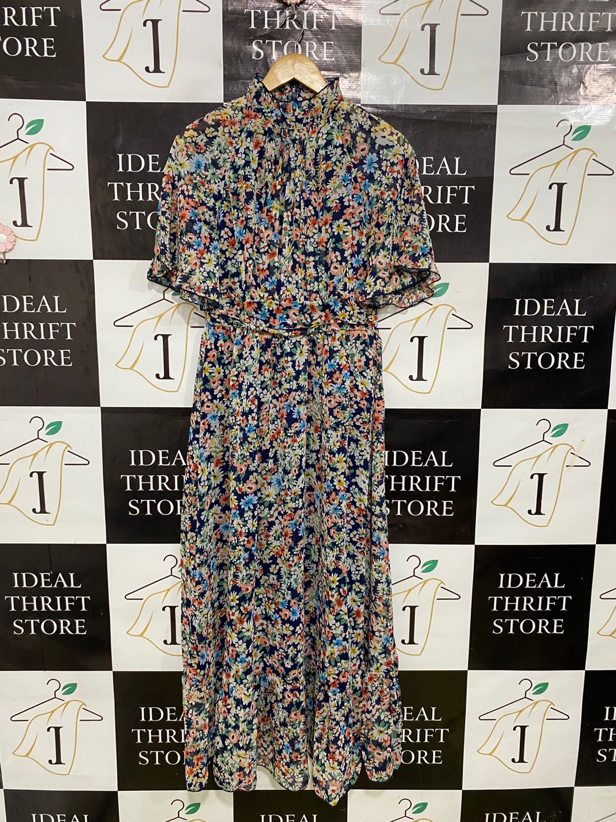 SHEIN |M| BUST 16| A31| NAVY MULTICOLOR FLORAL HIGH-NECK CAPE-SLEEVE MIDI DRESS